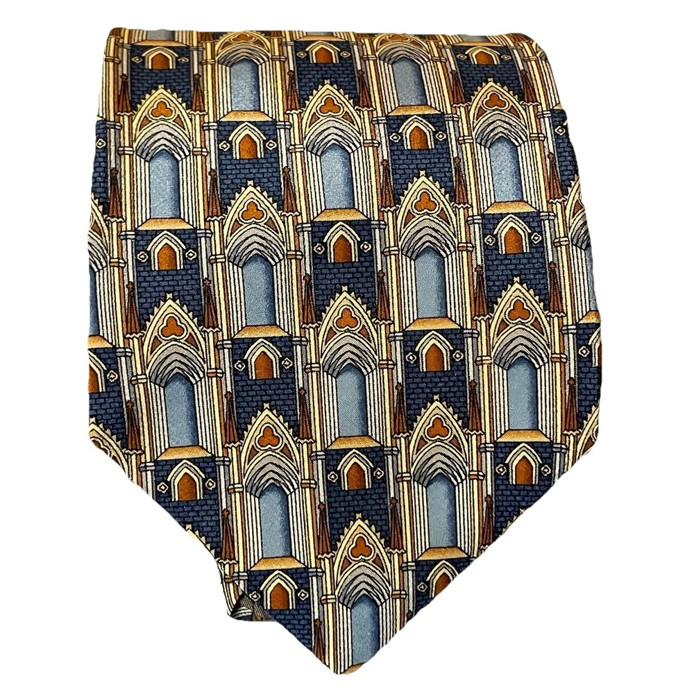 Vtg Unicef Silk Necktie Gothic Arches England Beige Navy USA Made - Picture 1 of 7